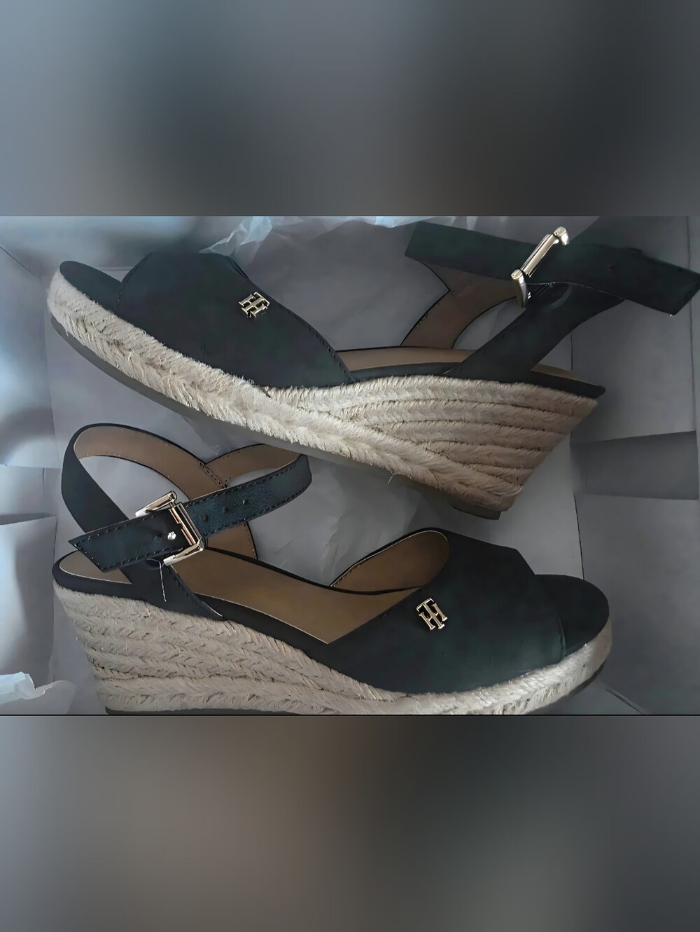 Tommy Hilfiger Black Espadrille Wedge Sandals with Gold Logo
